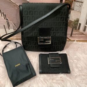 Fendi Black FF Zucca Mama Crossbody Bag w/Matching Wallet